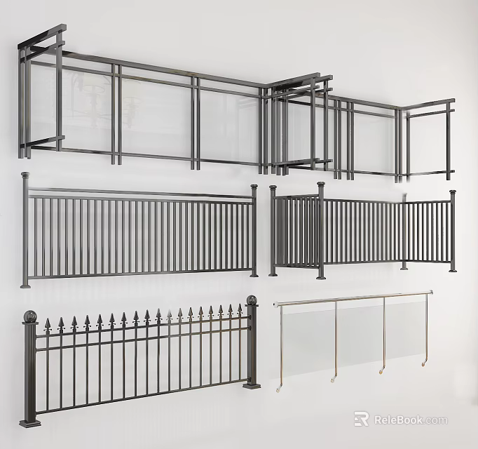 Modern Fence and Railing Designs Featuring Metal Frames Glass Panels and Decorative Patterns 3d model