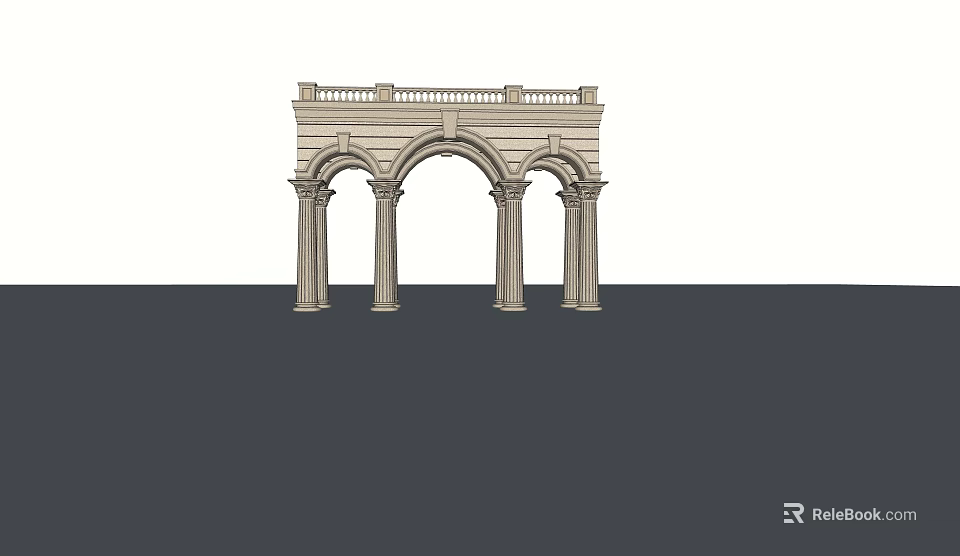 Elegant Classical Entrance Gate With Arched Doorways Stone Columns And Balustrade 3d model 