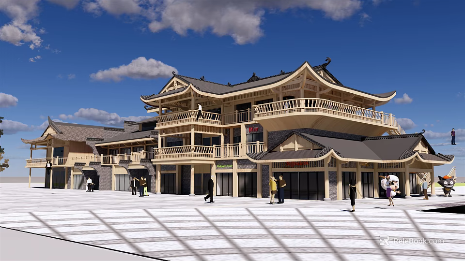 Ancient Chinese Architecture Two Story Structure With Curved Eaves And People Walking In Open Square 3d model 