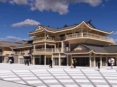 Ancient Chinese Architecture Two Story Structure With Curved Eaves And People Walking In Open Square 3d model