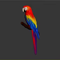 Vibrant Red Yellow Blue Parrot Perched On Wooden Branch Against Gray Background