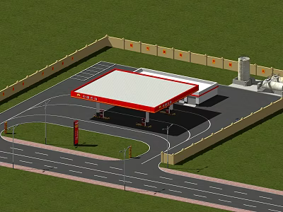 Modern Gas Station Layout Featuring Fuel Pumps Building Surrounding Fence And Road Access 3d model