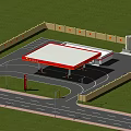 Modern Gas Station Layout Featuring Fuel Pumps Building Surrounding Fence And Road Access