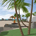 Scenic Tropical Landscape With White Tent Wooden Deck Palm Trees And Sandy Beach