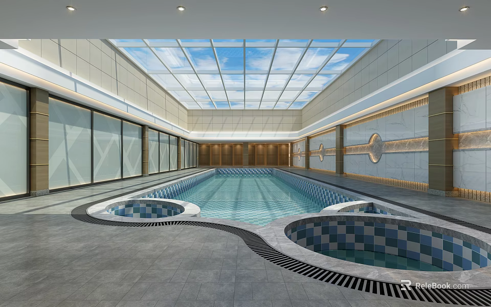 Modern Indoor Swimming Pool With Glass Ceiling Interior And Jacuzzi Features 3d model