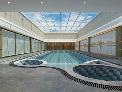 Modern Indoor Swimming Pool With Glass Ceiling Interior And Jacuzzi Features 3d model