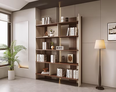 Modern Bookshelf Interior Design With Layered Shelves Books Decorations And Floor Lamp 3d model