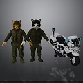 Two Cat Figures Wearing Green Military Uniforms Standing Next To White Motorcycle