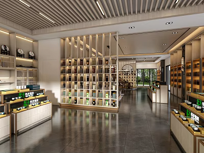 Modern Retail Store Interior With Wooden Shelves Products Display Open Layout And Dark Floor Tiles 3d model