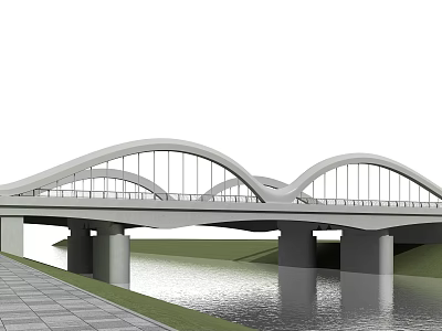 Modern Double Arched Landscape Bridge Spanning River With Piers And Pedestrian Walkway 3d model