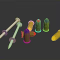Shiny Metal Nails With Sharp Ends And Colorful Tip Bullets On Dark Reflective Surface