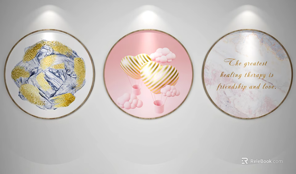 Round Framed Paintings Featuring Abstract Gold Patterns Pink Background Hearts Clouds And Typography 3d model