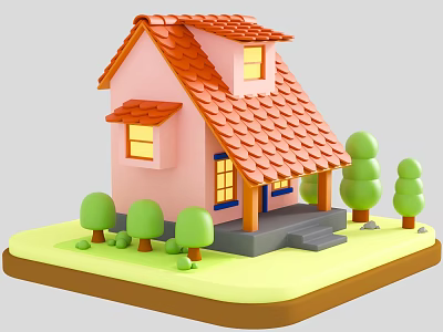 Pink Detached Villa With Red Tiled Roof Porch Small Window Green Trees And Yellow Lawn 3d model