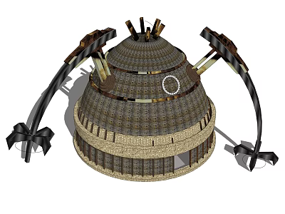 Round Wooden House With Conical Woven Tile Roof And Black Curved Supports 3d model