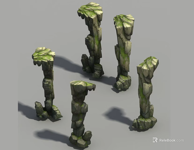 Natural Rustic Stone And Wood Decorative Pillars With Textured Surfaces And Mossy Accents 3d model 