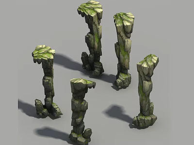 Natural Rustic Stone And Wood Decorative Pillars With Textured Surfaces And Mossy Accents 3d model