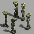 Natural Rustic Stone And Wood Decorative Pillars With Textured Surfaces And Mossy Accents
