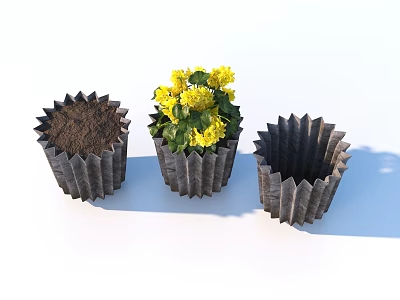 Three Corrugated Edge Potted Plants With Yellow Flowers And Green Leaves 3d model
