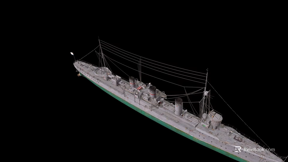 Detailed Warship Model Displaying Gray Hull Green Waterline Masts Rigging And Deck Guns 3d model 
