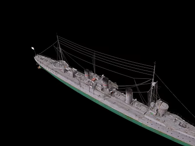 Detailed Warship Model Displaying Gray Hull Green Waterline Masts Rigging And Deck Guns 3d model