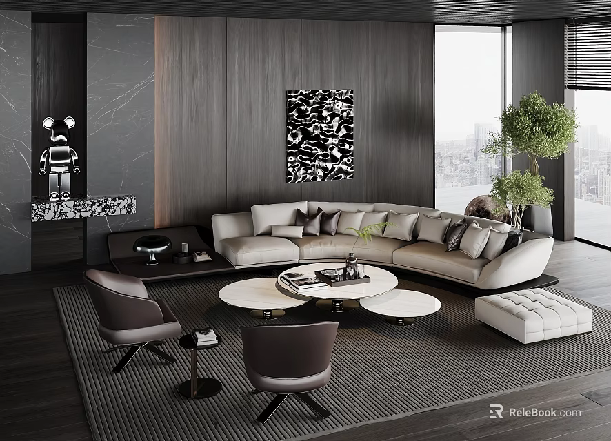 Modern Gray Sofa Coffee Table Combination With Round Table Rug Chairs And City View 3d model 