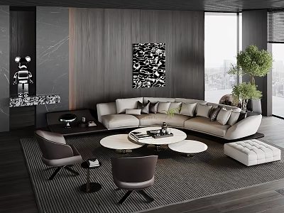 Modern Gray Sofa Coffee Table Combination With Round Table Rug Chairs And City View 3d model