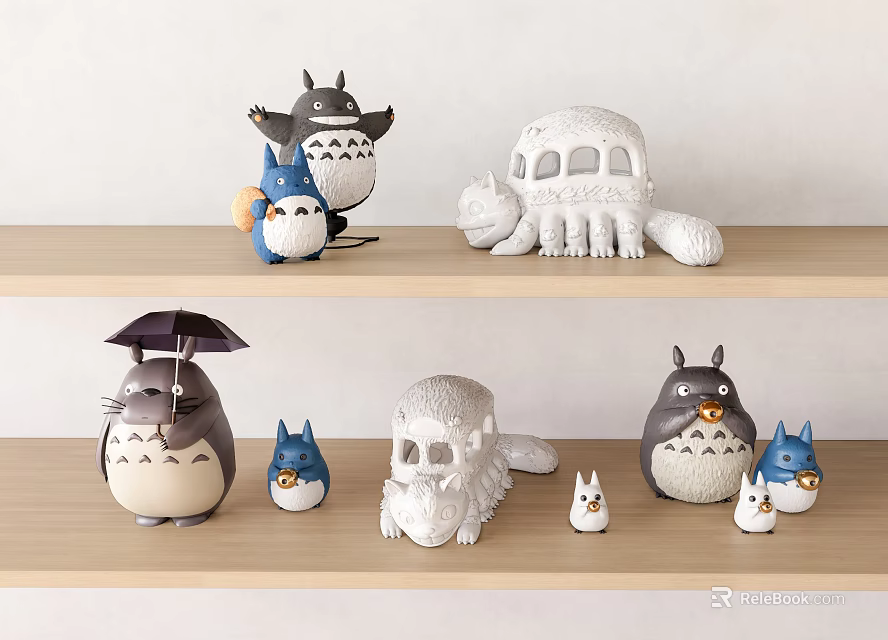 Cute Plush Totoro Stuffed Toys with Umbrella Bus Shaped Figures on Wooden Shelf 3d model 