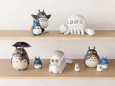 Cute Plush Totoro Stuffed Toys with Umbrella Bus Shaped Figures on Wooden Shelf 3d model
