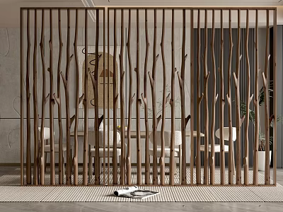 Wooden Branch Design Room Divider With Vertical Slats For Modern Dining Interior 3d model