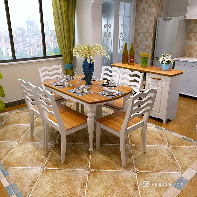 Restaurant Dining Area With Wooden Table White Chairs Flower Vase And Green Curtains 3d model 