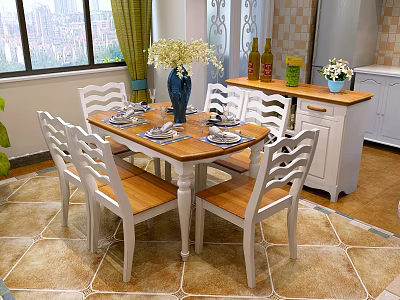 Restaurant Dining Area With Wooden Table White Chairs Flower Vase And Green Curtains 3d model
