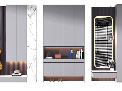 Modern Gray Shoe Cabinet With Open Shelf Storage And Decorative Items 3d model