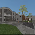 Modern School Building With Large Glass Windows Green Lawn Trees Courtyard And Wooden Structure
