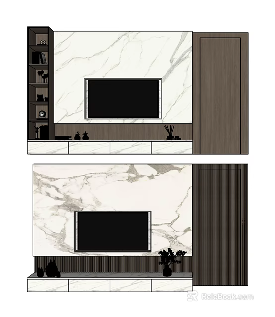Modern TV Background Wall Design With Marble Panel And Floating Shelves 3d model
