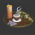 Hot Coffee With Steam Fresh Croissants And Orange Juice On Wooden Tray