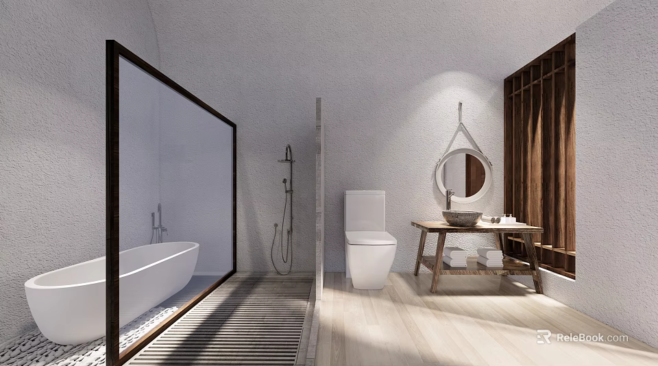Minimalist Hotel Bathroom Interior With Bathtub Toilet Wooden Vanity And Round Mirror 3d model 