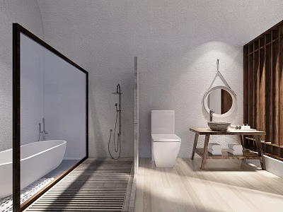Minimalist Hotel Bathroom Interior With Bathtub Toilet Wooden Vanity And Round Mirror 3d model