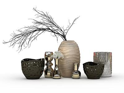 Textured Oval Vase with Decorative Branches and Various Metallic Ceramic Vases for Home Decor 3d model