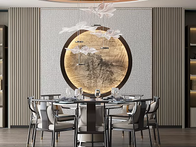 Elegant Modern Restaurant Interior With Round Dining Table Chandelier Circular Art And Vertical Striped Walls 3d model