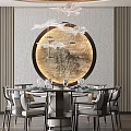 Elegant Modern Restaurant Interior With Round Dining Table Chandelier Circular Art And Vertical Striped Walls