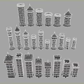 Ancient Architecture Various Historic Stone Towers with Diverse Designs and Shapes