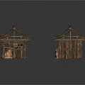 Two Traditional Wooden Houses With Rustic Thatched Roof And Wooden Frames