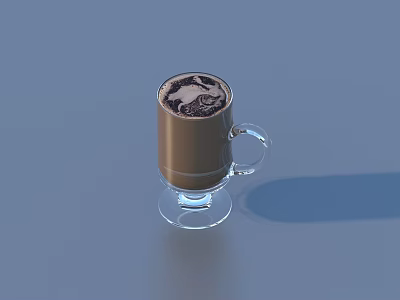 Brown Beverage In Transparent Glass Cup With Foam And Latte Art On Blue Background 3d model