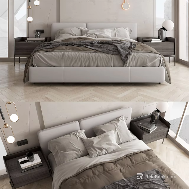 Modern Double Bed Bedroom Interior With Gray Bedding Bedside Tables And Wooden Floor 3d model 