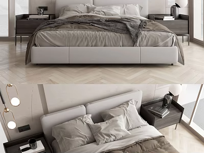 Modern Double Bed Bedroom Interior With Gray Bedding Bedside Tables And Wooden Floor 3d model