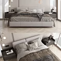 Modern Double Bed Bedroom Interior With Gray Bedding Bedside Tables And Wooden Floor
