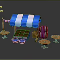 Food Stall Featuring Blue White Striped Awning Shelves Wooden Barrels And Small Round Tables