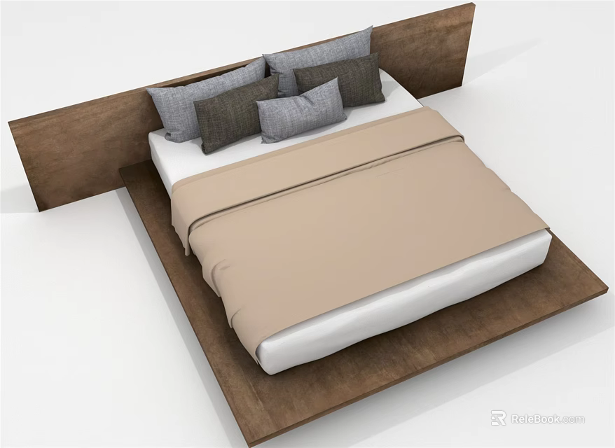 Modern Double Bed With Wooden Headboard Beige Comforter And Gray Brown Pillows 3d model 