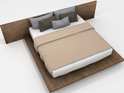 Modern Double Bed With Wooden Headboard Beige Comforter And Gray Brown Pillows 3d model