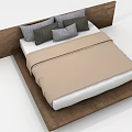 Modern Double Bed With Wooden Headboard Beige Comforter And Gray Brown Pillows